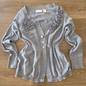 DKNY Jeans 100% Cotton Button Closure Gray L Cardigan Embellished Knit Flowers